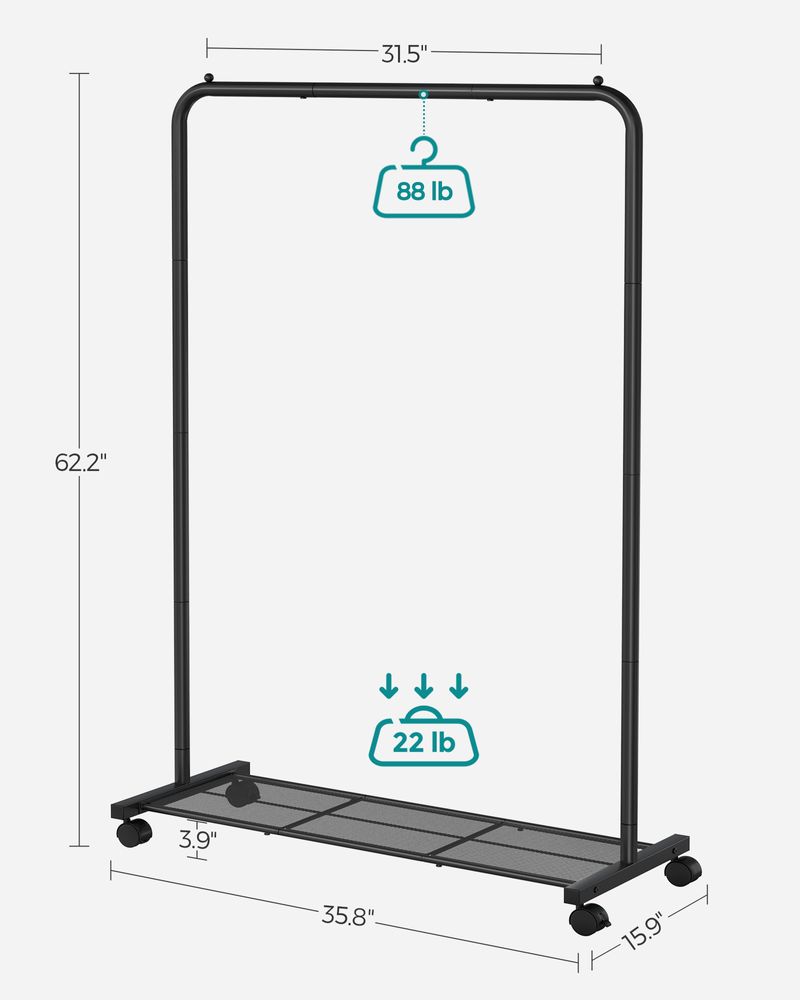 Rolling Garment Rack | Hanging Rail With Mesh Bottom Shelf