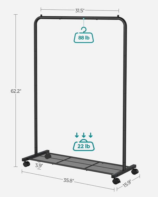 Rolling Garment Rack | Hanging Rail With Mesh Bottom Shelf