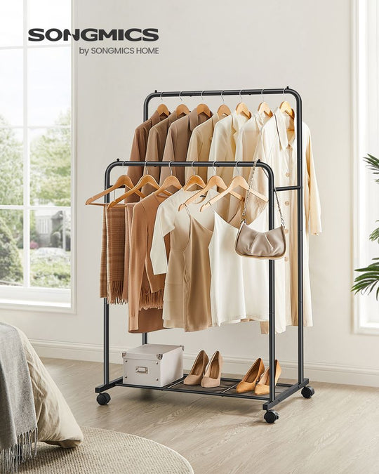 Rolling Garment Rack | Hanging Rail With Mesh Bottom Shelf