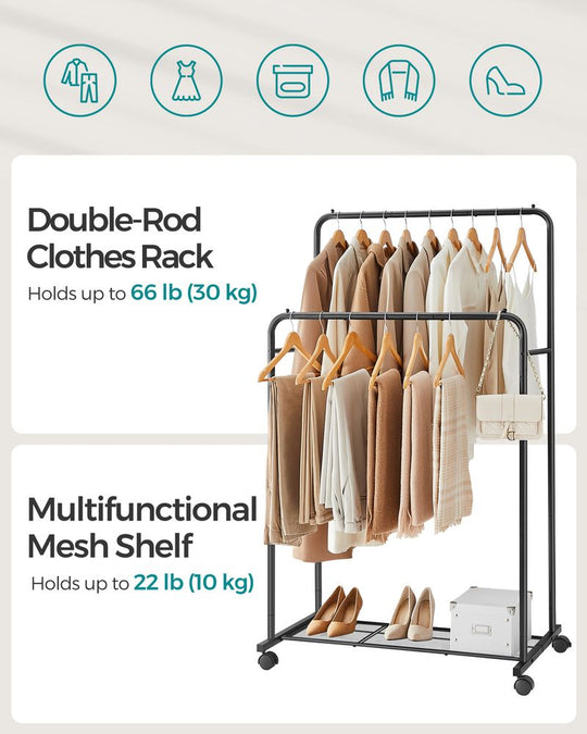 Rolling Garment Rack | Hanging Rail With Mesh Bottom Shelf
