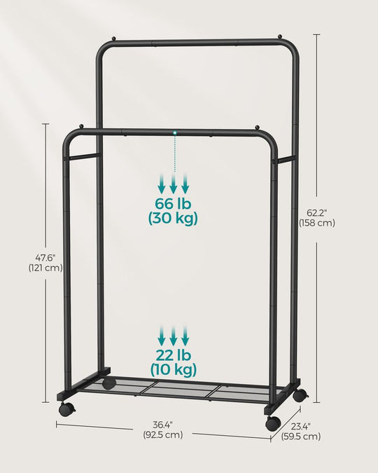 Rolling Garment Rack | Hanging Rail With Mesh Bottom Shelf