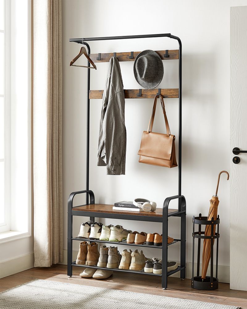 Industrial Hall Tree With Bench | Coat Hooks And Shoe Storage