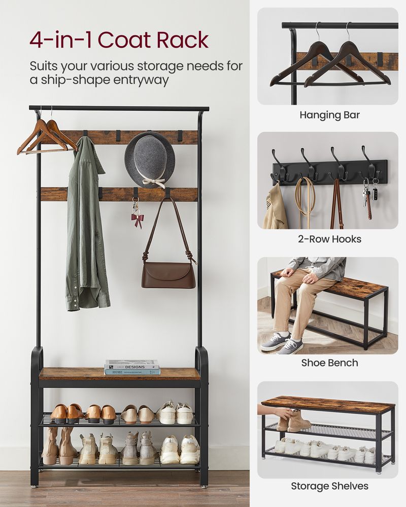 Industrial Hall Tree With Bench | Coat Hooks And Shoe Storage
