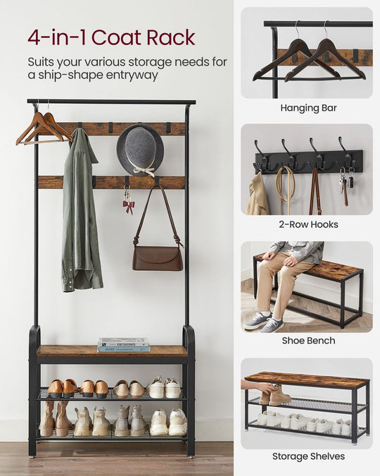 Industrial Hall Tree With Bench | Coat Hooks And Shoe Storage