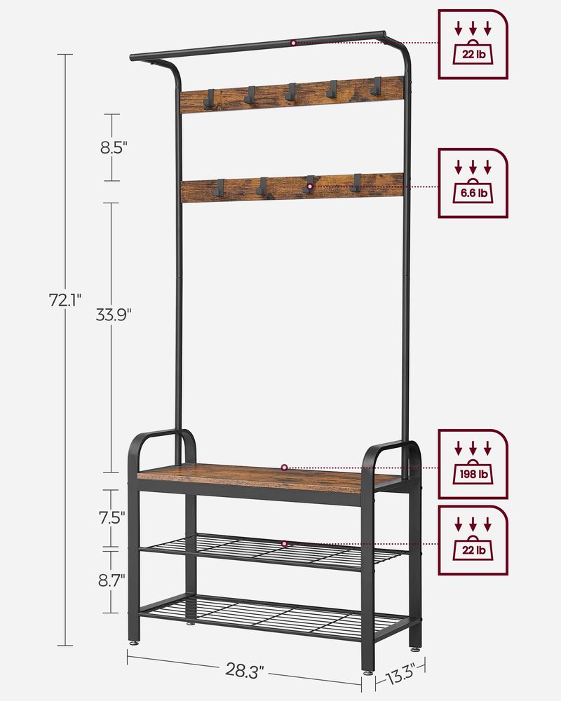 Industrial Hall Tree With Bench | Coat Hooks And Shoe Storage