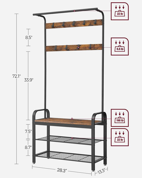 Industrial Hall Tree With Bench | Coat Hooks And Shoe Storage