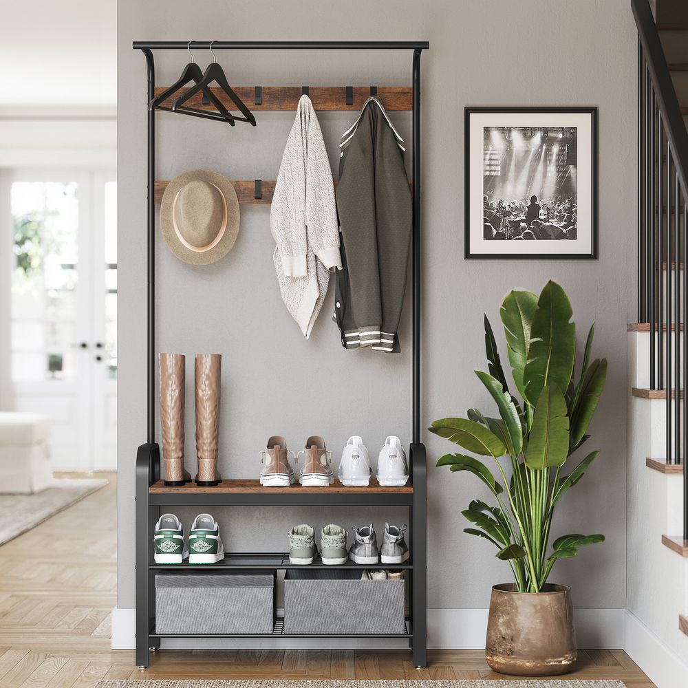 Industrial Hall Tree With Bench | Coat Hooks And Shoe Storage
