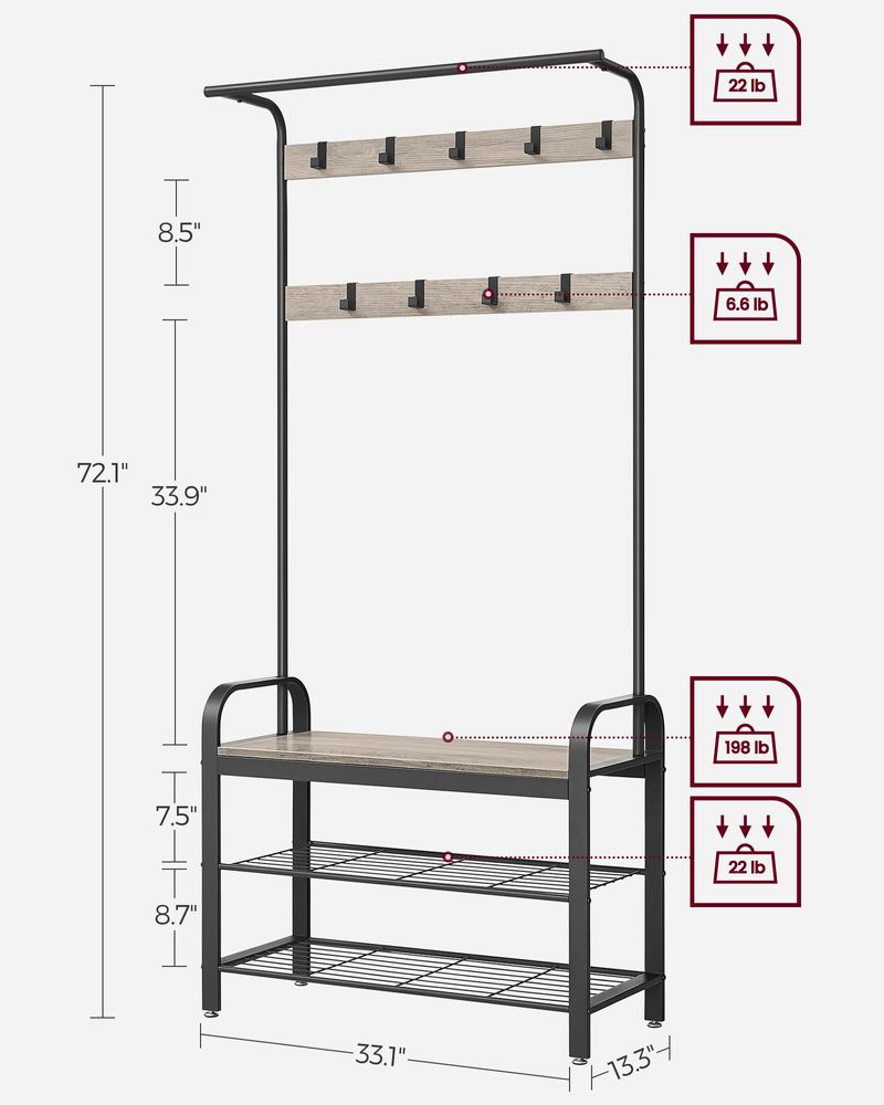Industrial Hall Tree With Bench | Coat Hooks And Shoe Storage