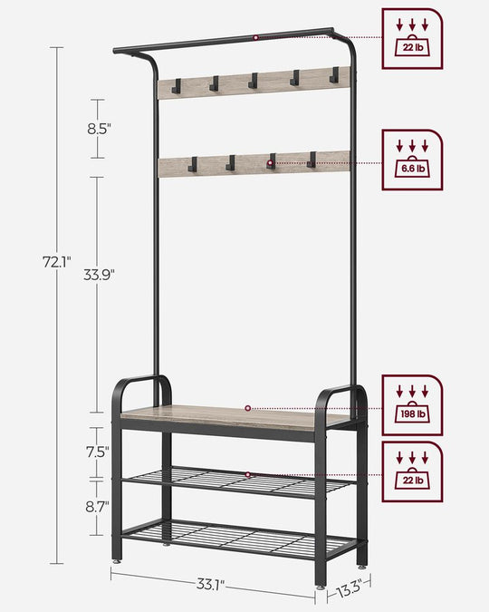 Industrial Hall Tree With Bench | Coat Hooks And Shoe Storage