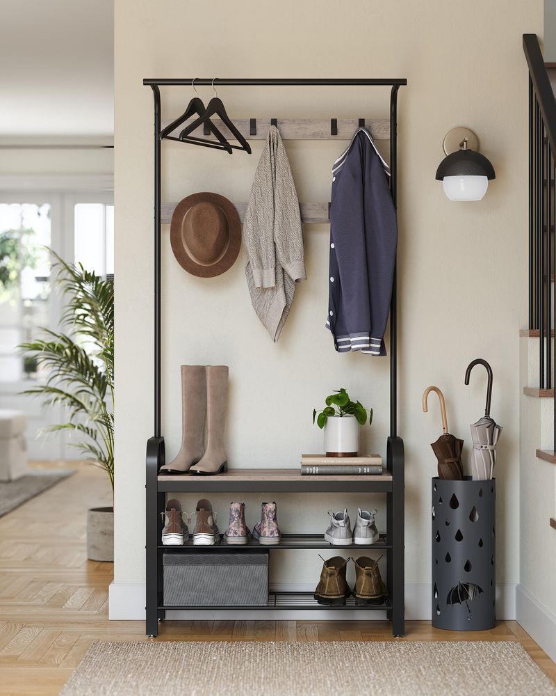 Industrial Hall Tree With Bench | Coat Hooks And Shoe Storage