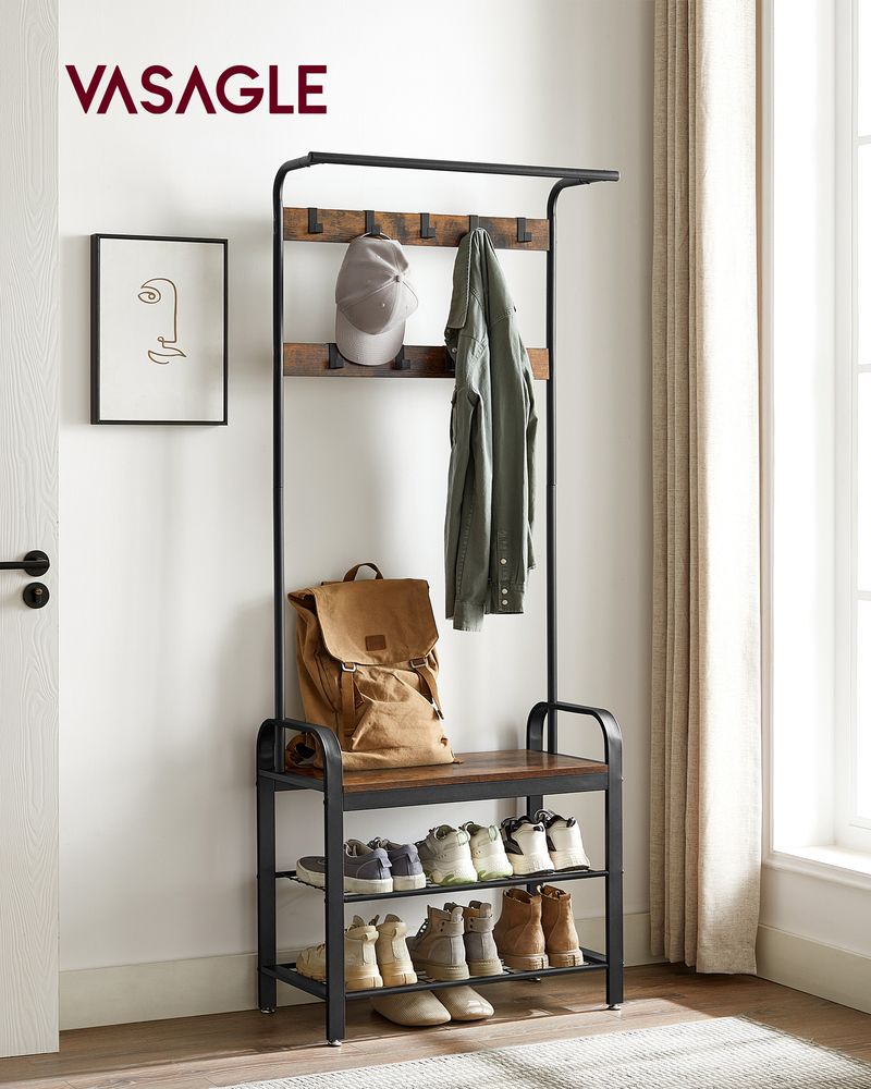 Industrial Hall Tree With Bench | Coat Hooks And Shoe Storage