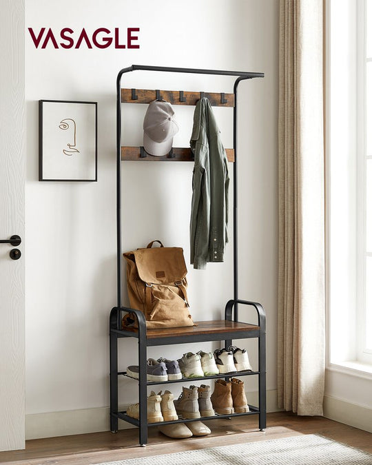 Industrial Hall Tree With Bench | Coat Hooks And Shoe Storage