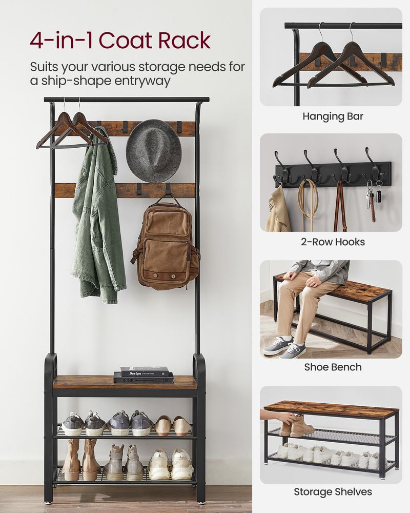 Industrial Hall Tree With Bench | Coat Hooks And Shoe Storage