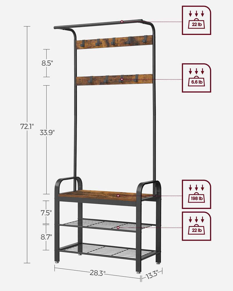 Industrial Hall Tree With Bench | Coat Hooks And Shoe Storage