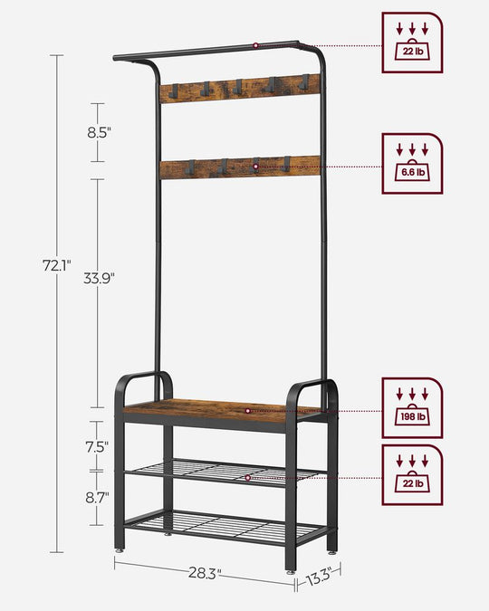 Industrial Hall Tree With Bench | Coat Hooks And Shoe Storage