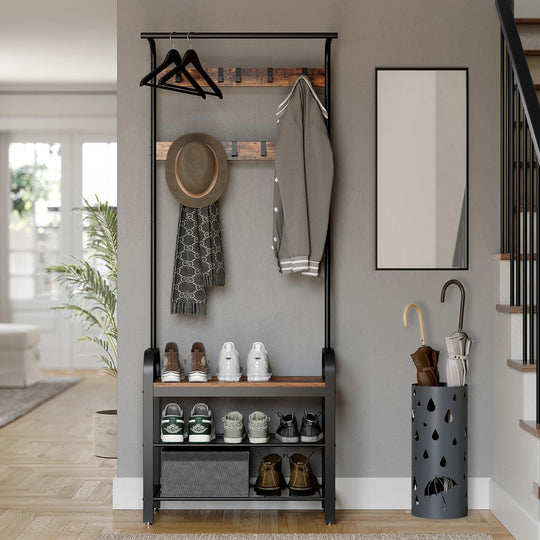 Industrial Hall Tree With Bench | Coat Hooks And Shoe Storage