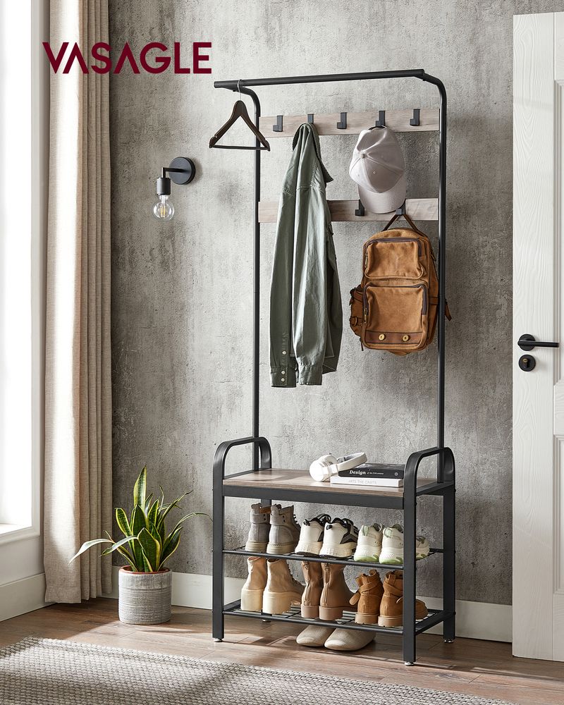 Industrial Hall Tree With Bench | Coat Hooks And Shoe Storage