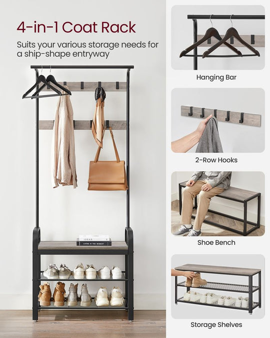 Industrial Hall Tree With Bench | Coat Hooks And Shoe Storage