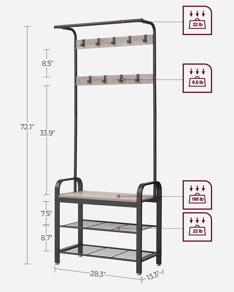 Industrial Hall Tree With Bench | Coat Hooks And Shoe Storage