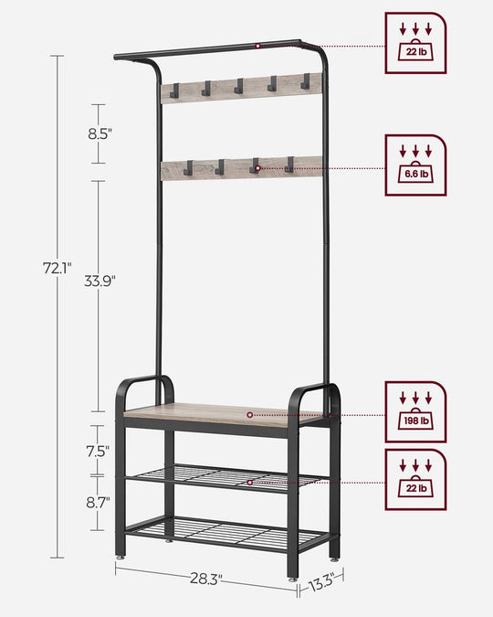 Industrial Hall Tree With Bench | Coat Hooks And Shoe Storage