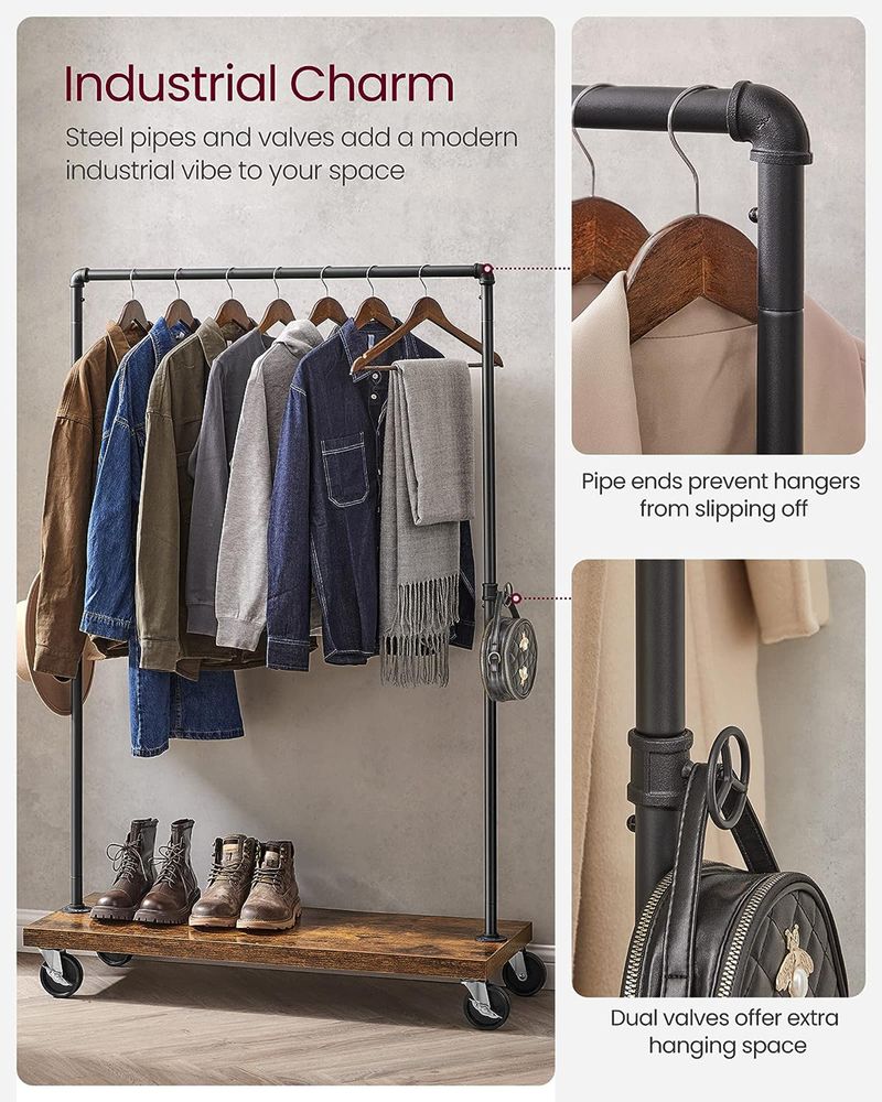 Industrial Rolling Clothing Rack | Wheeled Garment Rack with Wood Base