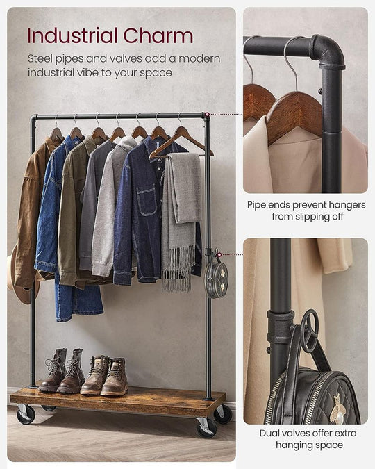 Industrial Rolling Clothing Rack | Wheeled Garment Rack with Wood Base