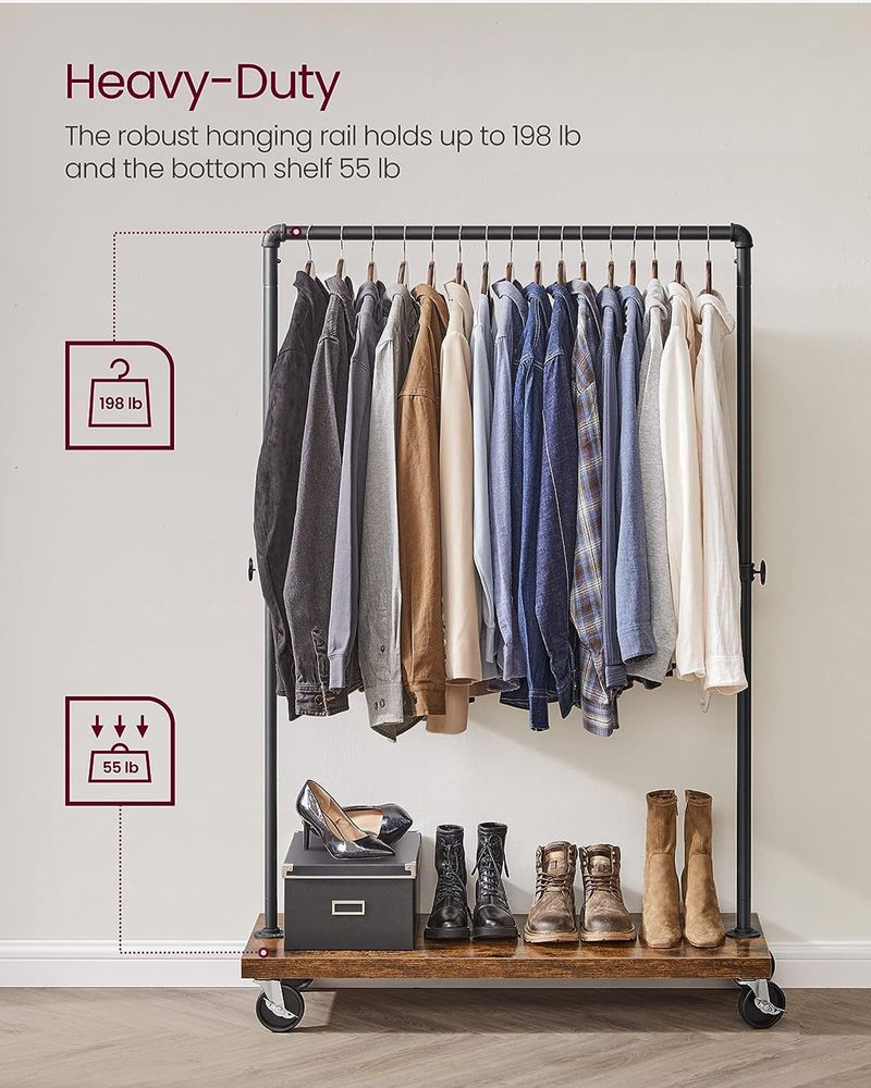 Industrial Rolling Clothing Rack | Wheeled Garment Rack with Wood Base