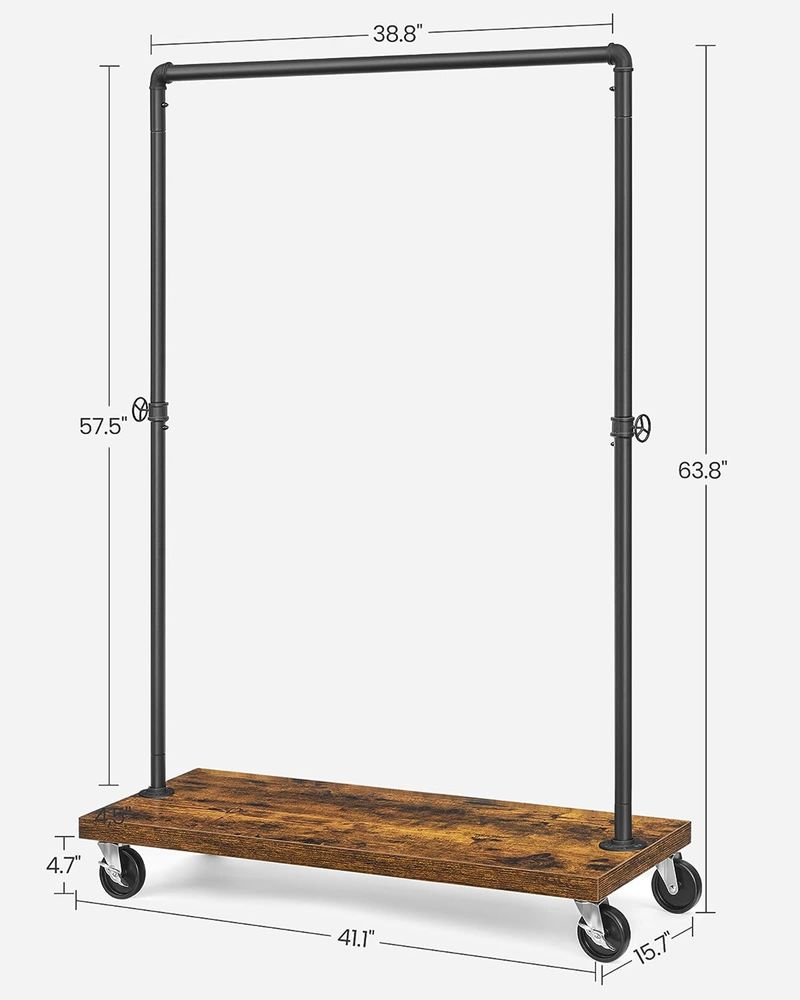 Industrial Rolling Clothing Rack | Wheeled Garment Rack with Wood Base