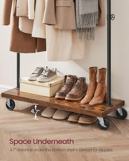 Industrial Rolling Clothing Rack | Wheeled Garment Rack with Wood Base