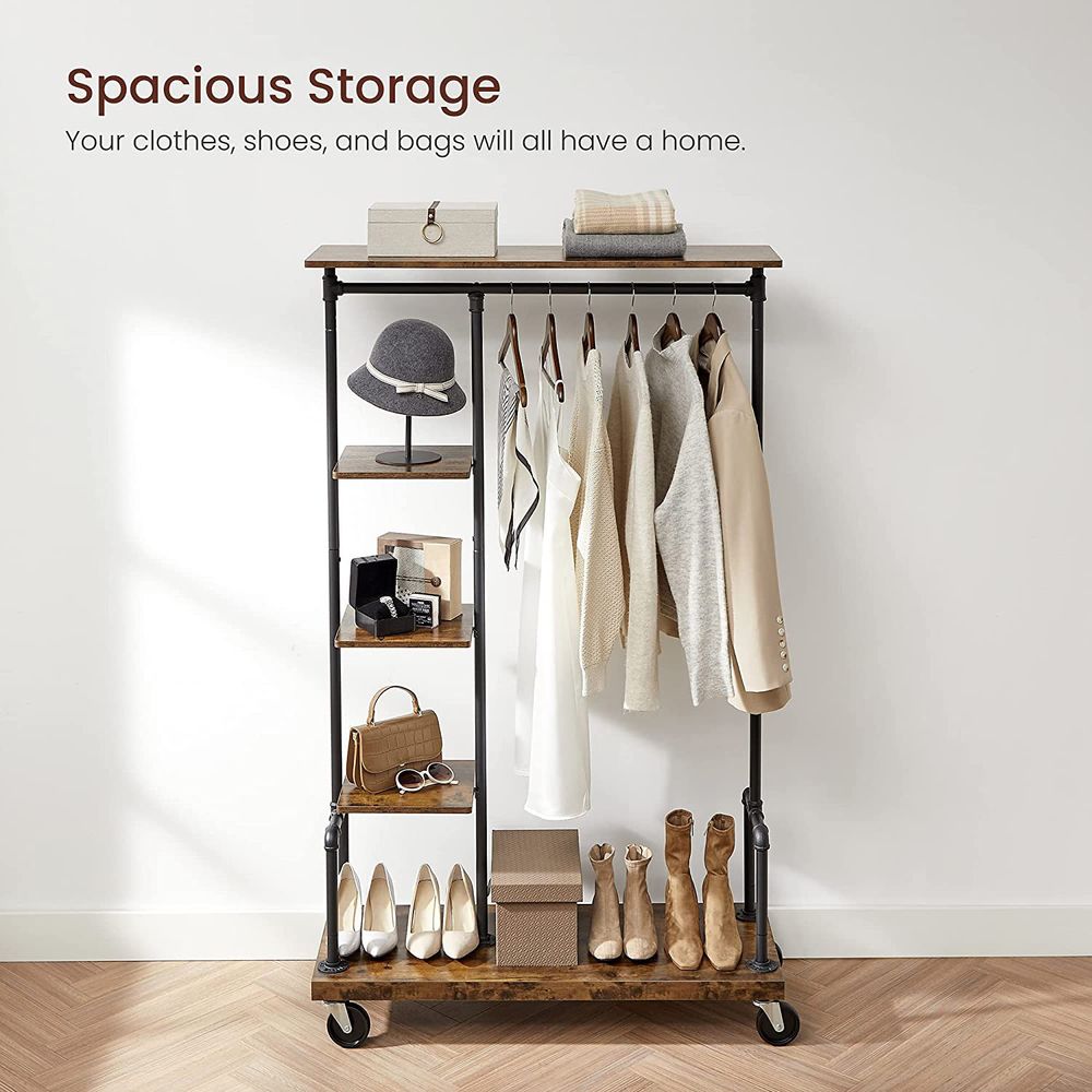 Rolling Clothes Rack | Industrial Garment Rail With Wood Shelves