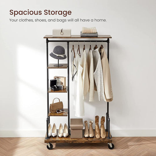 Rolling Clothes Rack | Industrial Garment Rail With Wood Shelves