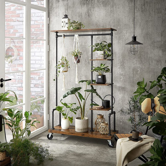 Rolling Clothes Rack | Industrial Garment Rail With Wood Shelves