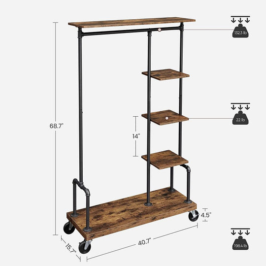 Rolling Clothes Rack | Industrial Garment Rail With Wood Shelves