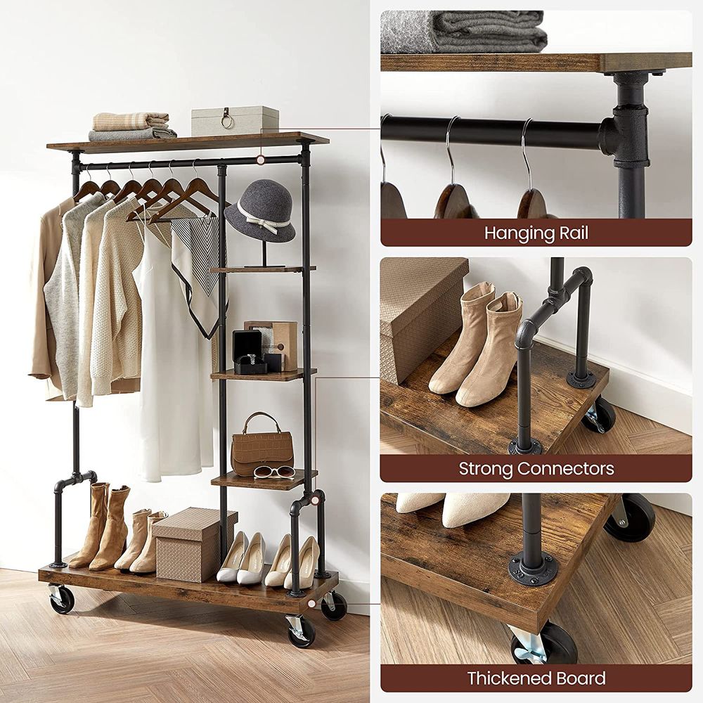 Rolling Clothes Rack | Industrial Garment Rail With Wood Shelves