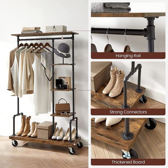 Rolling Clothes Rack | Industrial Garment Rail With Wood Shelves