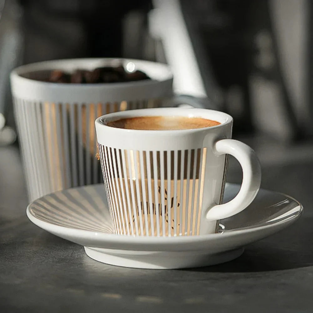 Striped Ceramic Coffee Mug | Cup and Saucer Set