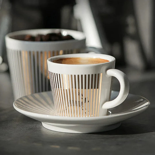 Striped Ceramic Coffee Mug | Cup and Saucer Set