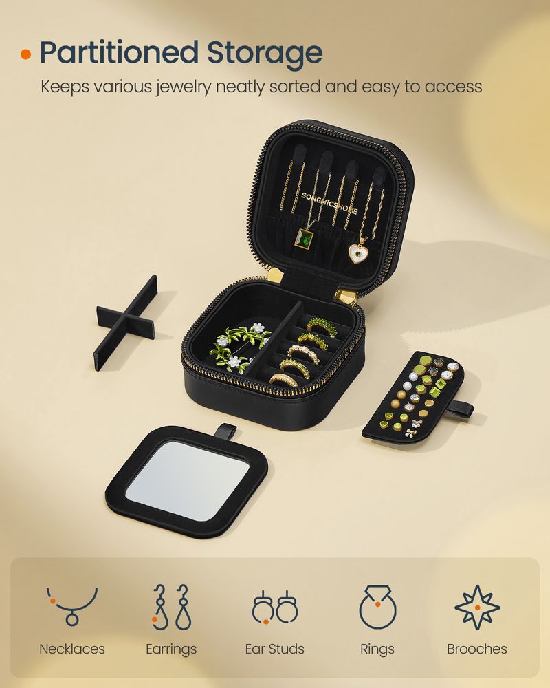 Travel Jewelry Case | Zippered Organizer With Built In Mirror