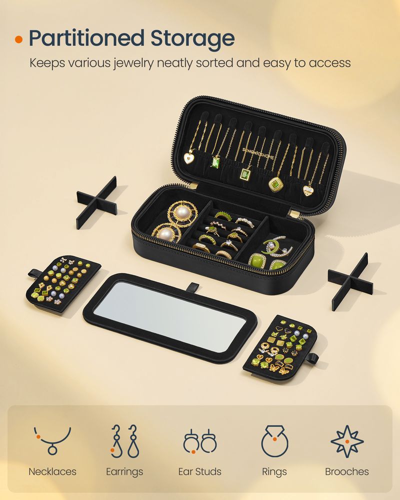 Travel Jewelry Case | Zippered Organizer With Built In Mirror
