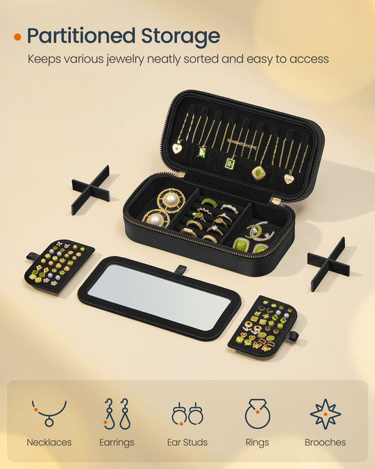 Travel Jewelry Case | Zippered Organizer With Built In Mirror
