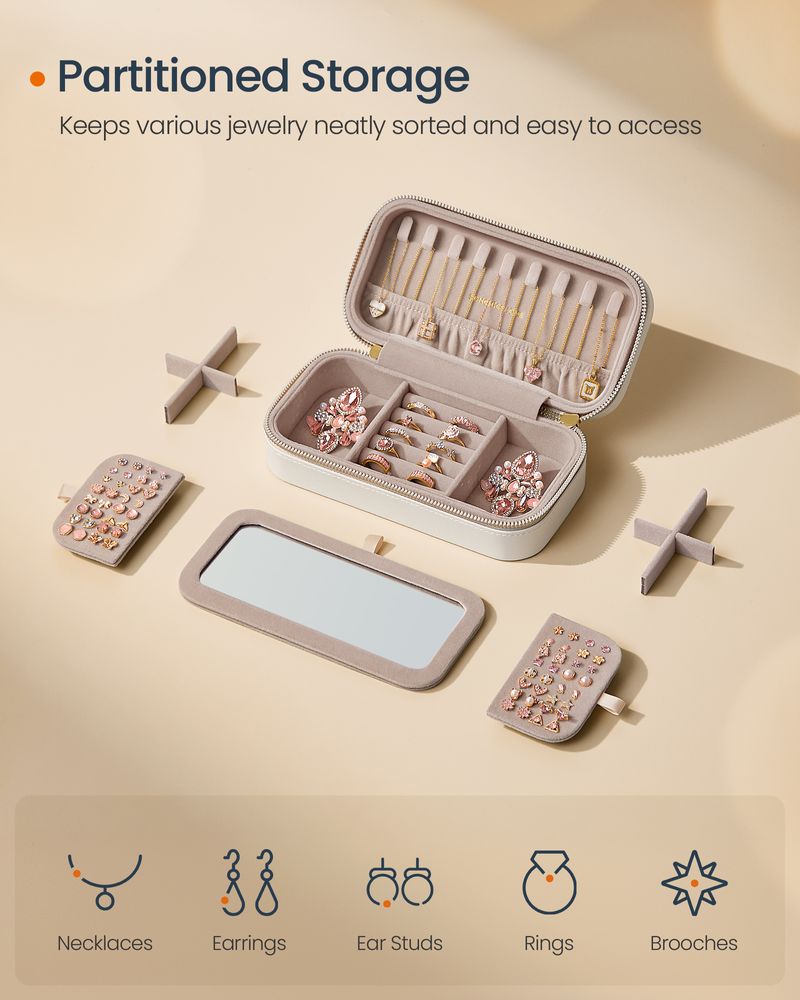 Travel Jewelry Case | Zippered Organizer With Built In Mirror