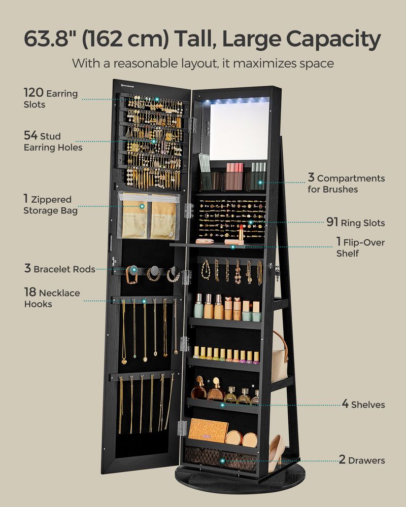 Lockable Jewelry Armoire | Full Length Mirror With Interior Lighting