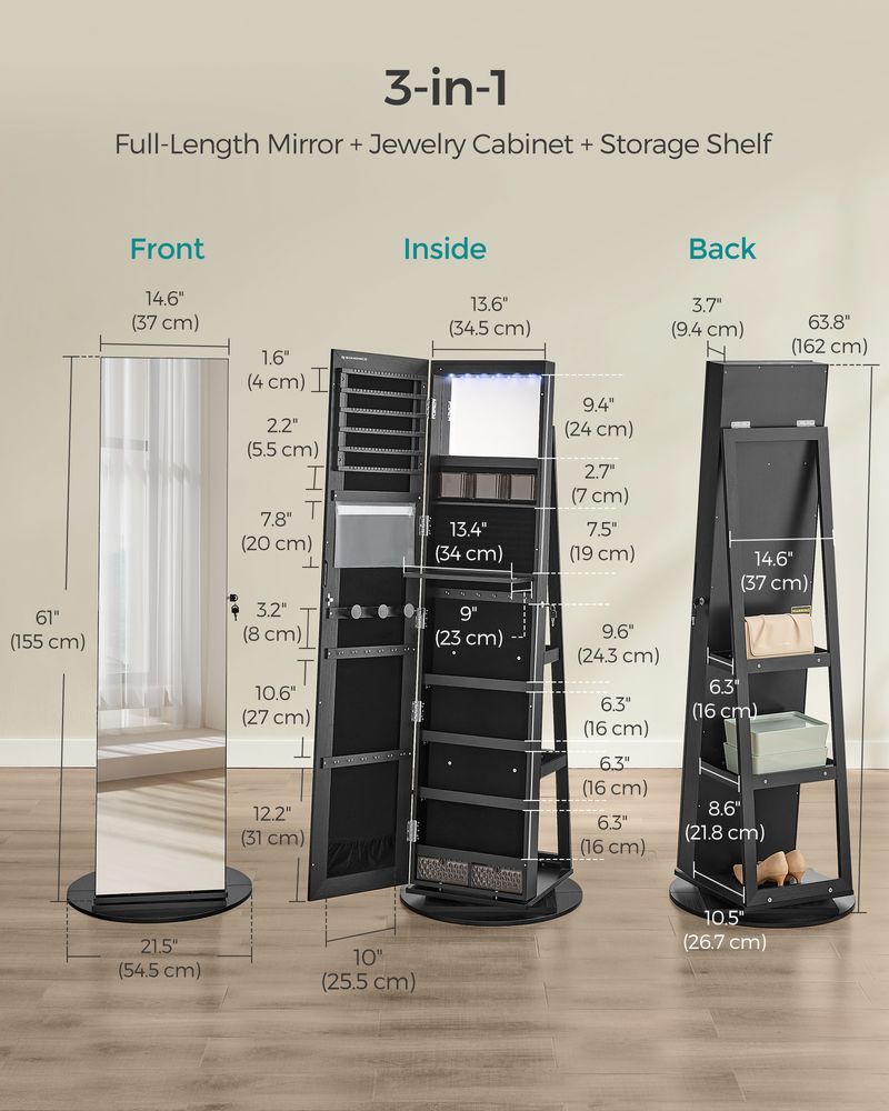 Lockable Jewelry Armoire | Full Length Mirror With Interior Lighting