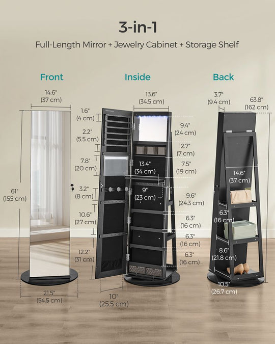 Lockable Jewelry Armoire | Full Length Mirror With Interior Lighting