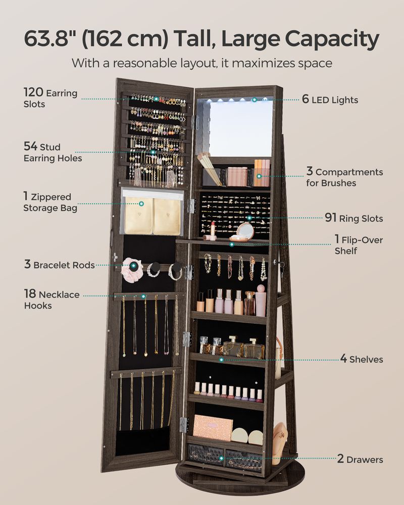 Lockable Jewelry Armoire | Full Length Mirror With Interior Lighting