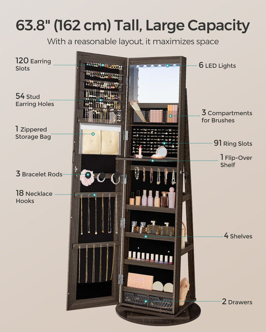 Lockable Jewelry Armoire | Full Length Mirror With Interior Lighting