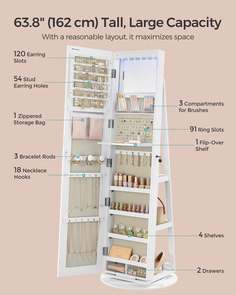 Lockable Jewelry Armoire | Full Length Mirror With Interior Lighting