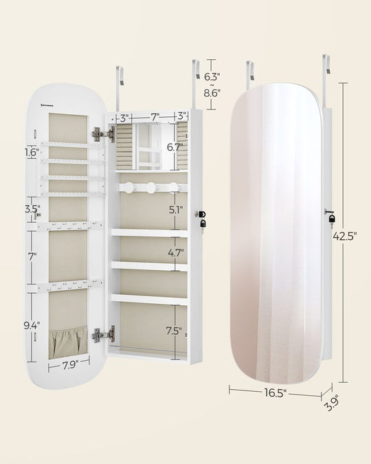 Round Mirror Jewelry Cabinet | Wall-Mounted LED Organizer