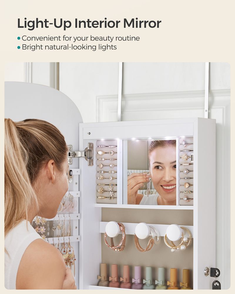 Round Mirror Jewelry Cabinet | Wall-Mounted LED Organizer