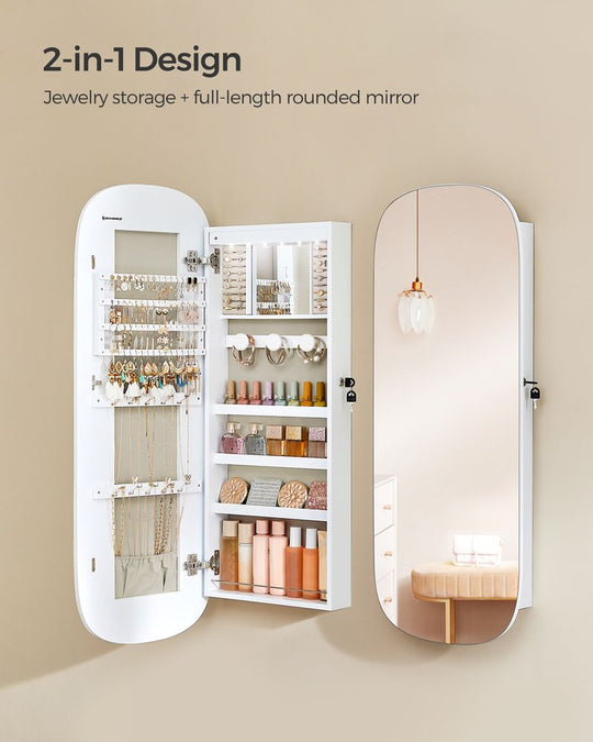 Round Mirror Jewelry Cabinet | Wall-Mounted LED Organizer